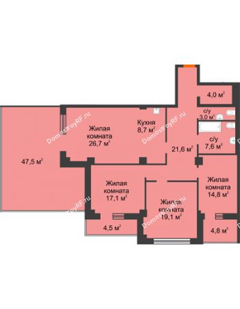 4 комнатная квартира 140,5 м² в ЖК Перья, дом № 1, 4 этап