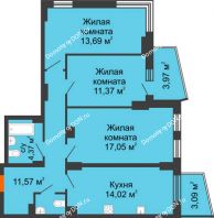 3 комнатная квартира 76,84 м² в ЖК Город у реки, дом Литер 7 - планировка