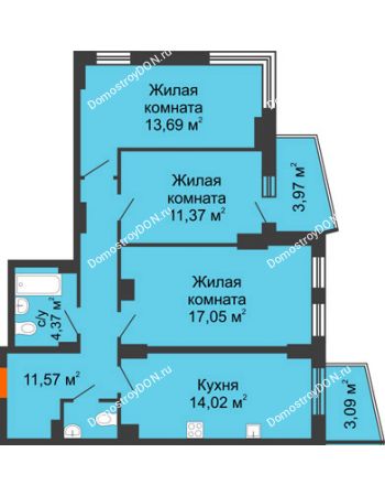 3 комнатная квартира 76,84 м² в ЖК Город у реки, дом Литер 8