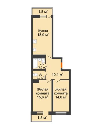 2 комнатная квартира 68,4 м² в Фруктовый квартал Абрикосово, дом Литер 3