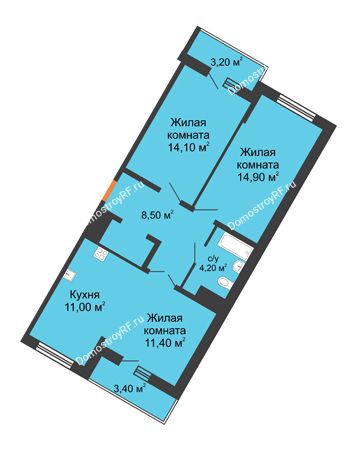 3 комнатная квартира 66,1 м² в ЖК Грани, дом Литер 3