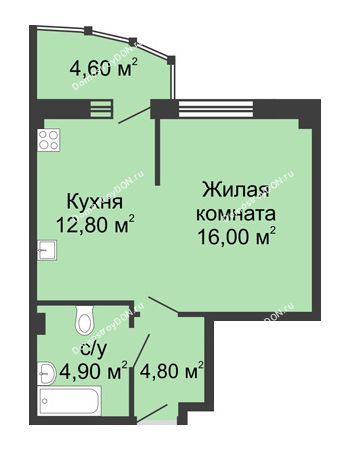 1 комнатная квартира 43,1 м² в ЖК Мега, дом № 118, секция 2