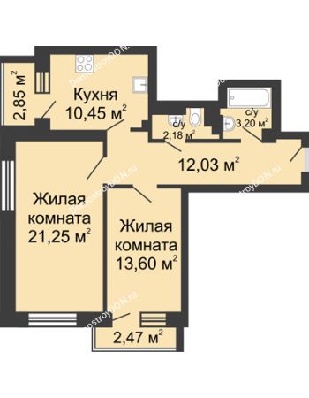 2 комнатная квартира 68,03 м² - ЖК Юбилейный
