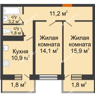 2 комнатная квартира 60,7 м² в Фруктовый квартал Абрикосово, дом Литер 3 - планировка
