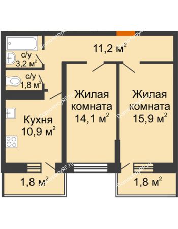 2 комнатная квартира 60,7 м² в Фруктовый квартал Абрикосово, дом Литер 3
