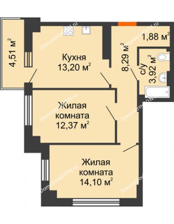 2 комнатная квартира 55,11 м² в ЖК Аврора, дом № 3