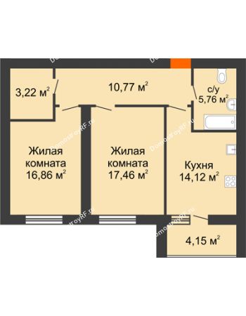 2 комнатная квартира 70,27 м² в ЖК Майский, дом № 6, секции 3, 4
