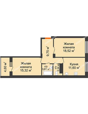 2 комнатная квартира 63,68 м² в ЖК Облака, дом № 2