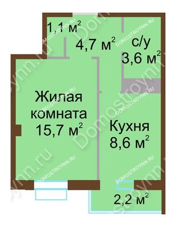 1 комнатная квартира 34,4 м² - ЖК Каскад