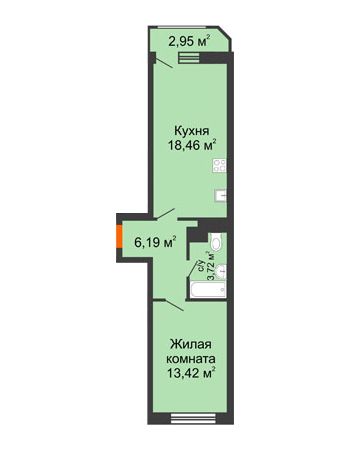 1 комнатная квартира 44,74 м² в ЖК Город времени, дом № 18