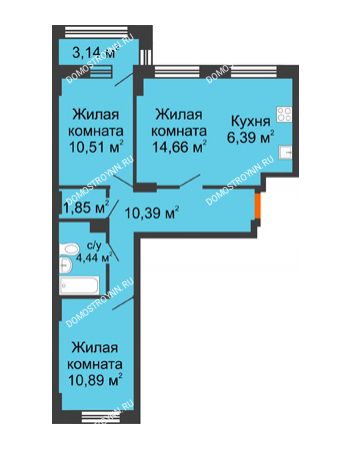 3 комнатная квартира 60,7 м² - ЖК Каскад на Куйбышева