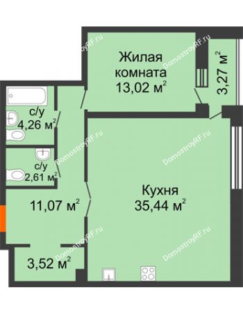 1 комнатная квартира 70,67 м² в ЖК Бунин, дом 1 этап, секции 11,12,13,14