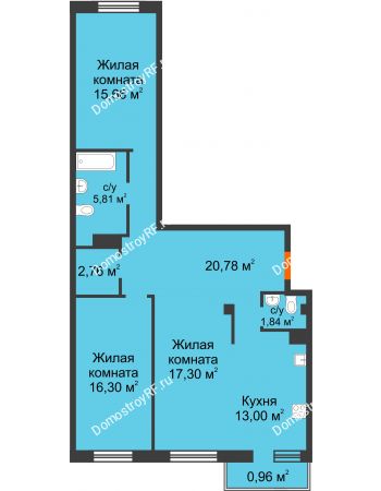 3 комнатная квартира 94,41 м² в ЖК Норма, дом № 2