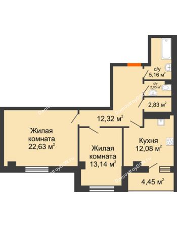 2 комнатная квартира 74,66 м² - ЖК Площадь Ленина