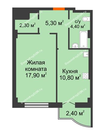 1 комнатная квартира 43,1 м² в ЖК Парк Островского 2, дом № 2