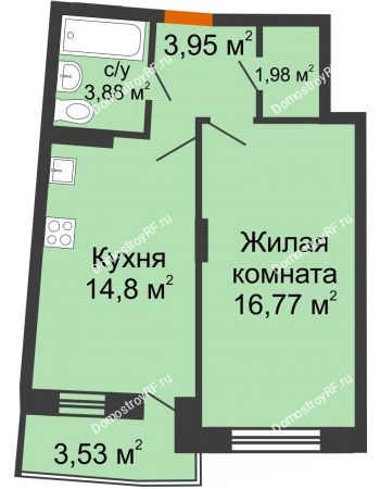 1 комнатная квартира 43,15 м² в ЖК Мандарин, дом 2 позиция 5-8 секция