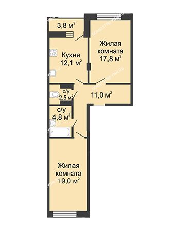 2 комнатная квартира 68,6 м² в ЖК Цветы, дом № 18