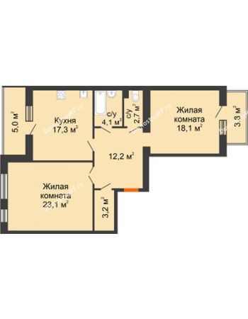 2 комнатная квартира 89,5 м² в ЖК Квартал Перемен	, дом ГП-1