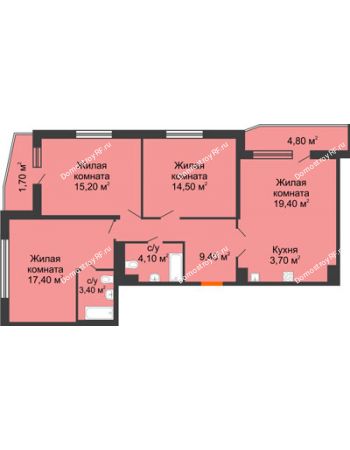4 комнатная квартира 91,2 м² в ЖК LIME (Лайм), дом № 162, Литер 1 (1-4)