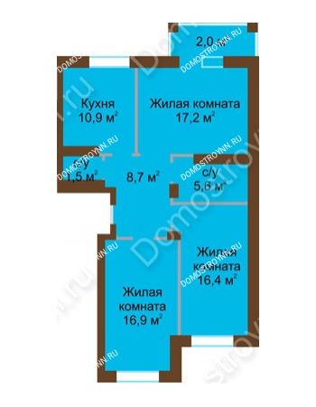 3 комнатная квартира 79,2 м² - ЖД по ул. Вольская