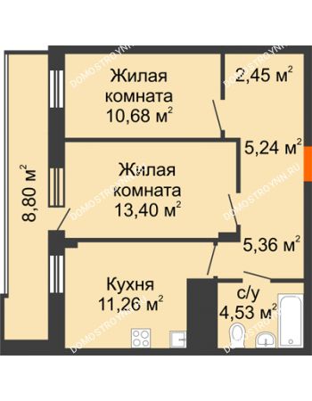 2 комнатная квартира 57,32 м² в ЖК Циолковский, дом № 6