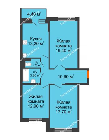 3 комнатная квартира 81,5 м² в ЖК Династия, дом Литер 2