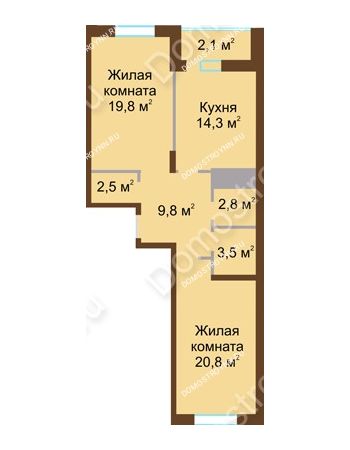 2 комнатная квартира 75,6 м² в ЖК Монолит, дом № 89, корп. 1, 2