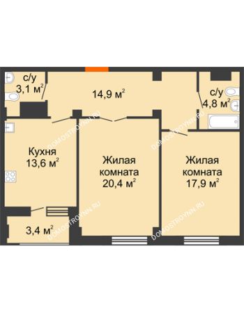 2 комнатная квартира 76,4 м² в ЖК Квартет, дом № 3