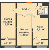 2 комнатная квартира 62,03 м² в ЖК Сердце, дом № 1 - планировка