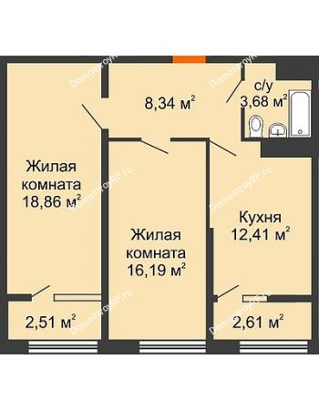 2 комнатная квартира 62,03 м² в ЖК Сердце, дом № 1