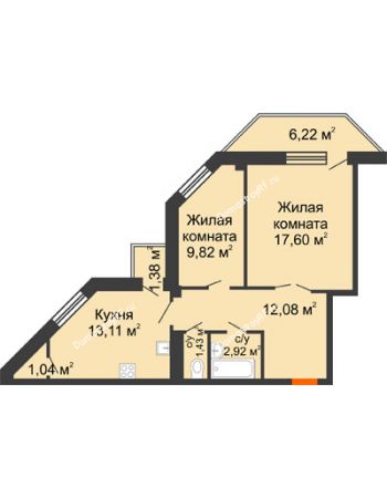 2 комнатная квартира 60,56 м² в ЖК Чернавский, дом 2 этап 