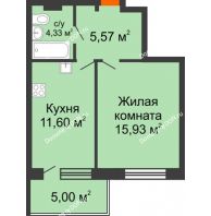 1 комнатная квартира 42,44 м² в ЖК Гвардейский 3.0, дом Секция 3 - планировка