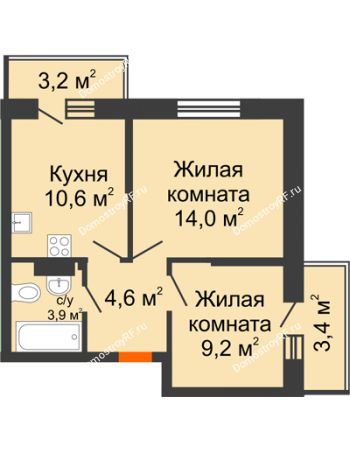 2 комнатная квартира 45,6 м² в ЖК Парк Победы, дом Литер 4